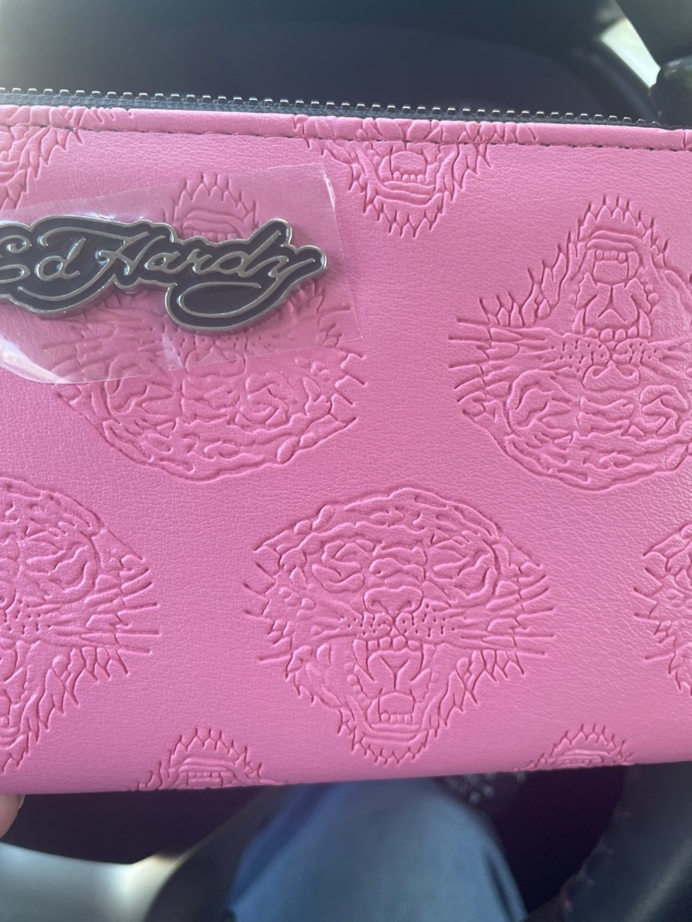 Ed Hardy Pink Embossed Zip Wallet with Wrist Strap - Picture 5 of 8